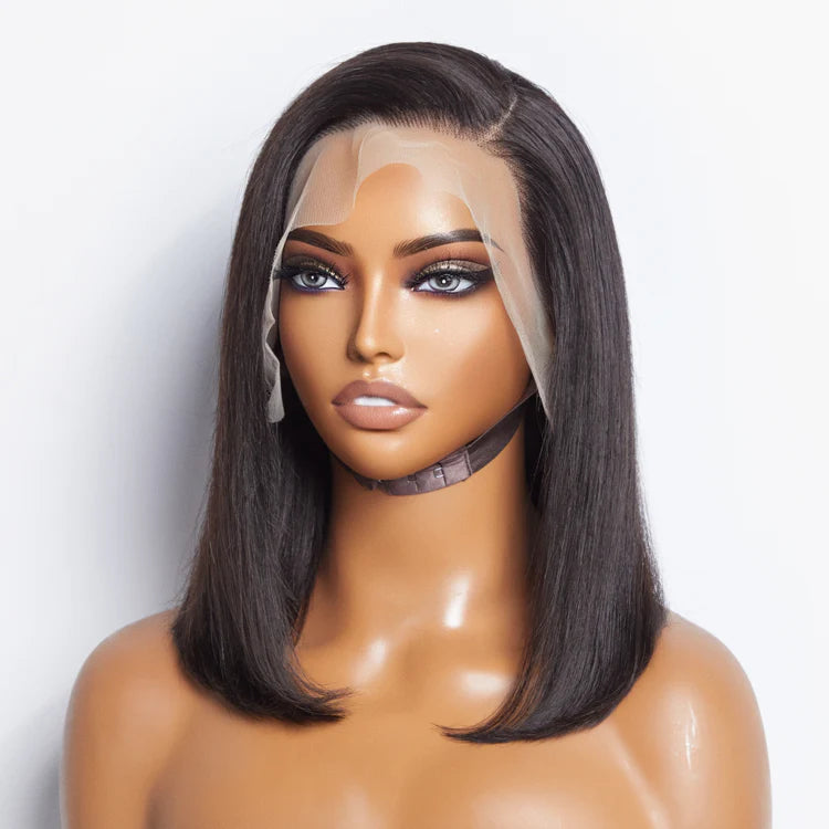 12 Inches 13x4 #1B Straight Lifting Bang Side Part Lace Frontal Wig-100% Human Hair