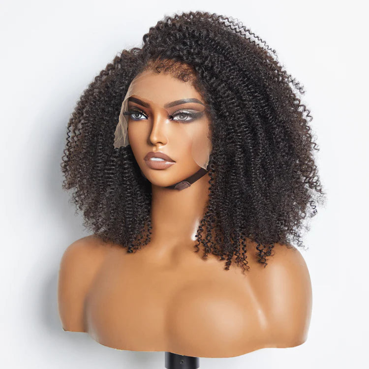 16 Inches 13"x4" Afro Kinky Curly 4C Edge Hairline #1B Lace Frontal Wig-100% Human Hair