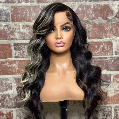 22 Inches 13x4 Highlight Body Wave with Feather Bang 180% Density-100% Human Hair