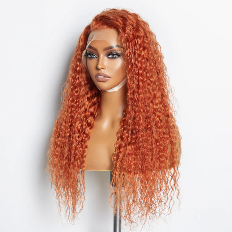 24 Inches Ginger 13"x4" Lace Front Water Wavy Wig Pre-Plucked Free Part 150% Density-100% Human Hair