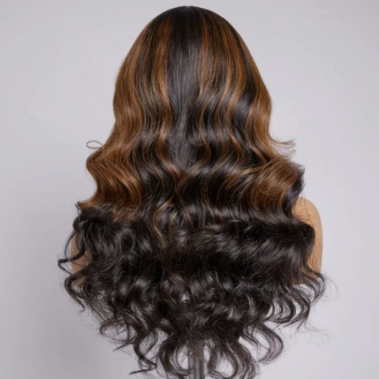 20 Inch Brown Mix Black Loose Wave 5x5 Closure C Part Glueless Wig with Bangs