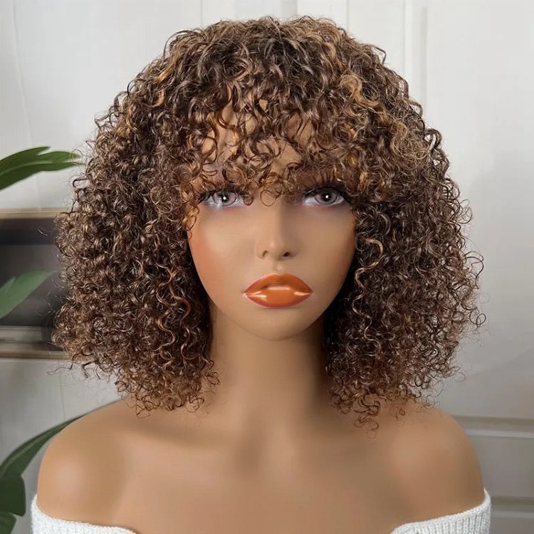10 inch Natural Chestnut Brown Curly Shag Glueless BOB Wig
