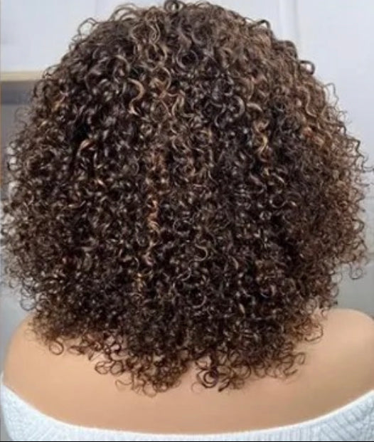 10 inch Natural Chestnut Brown Curly Shag Glueless BOB Wig
