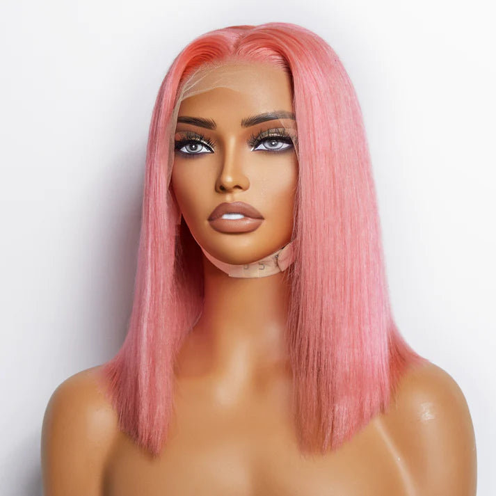 12 Inches Pre-Plucked 13"x4" #Pink Straight Bob Lace Frontal Wig 150% Density-100% Human Hair
