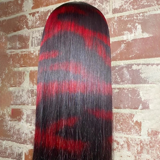 24 Inches 13x4 Ruby Red Zebra Print Straight Lace Frontal Wigs 180% Density-100% Human Hair