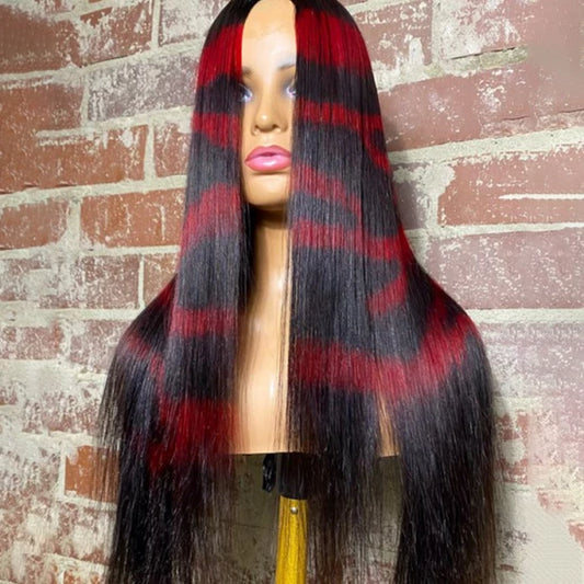 24 Inches 13x4 Ruby Red Zebra Print Straight Lace Frontal Wigs 180% Density-100% Human Hair