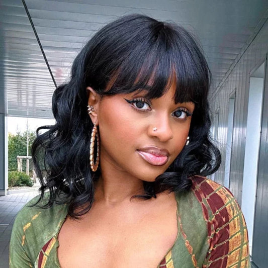12 Inch Mature Lady Short Loose Wave #1B Lace Wig With Bangs