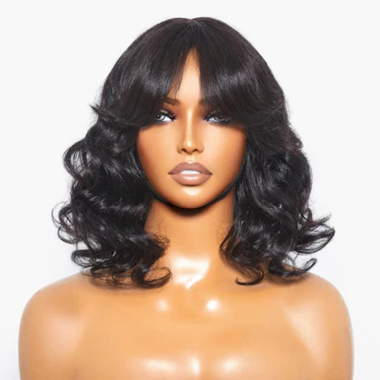 12 Inch Mature Lady Short Loose Wave #1B Lace Wig With Bangs