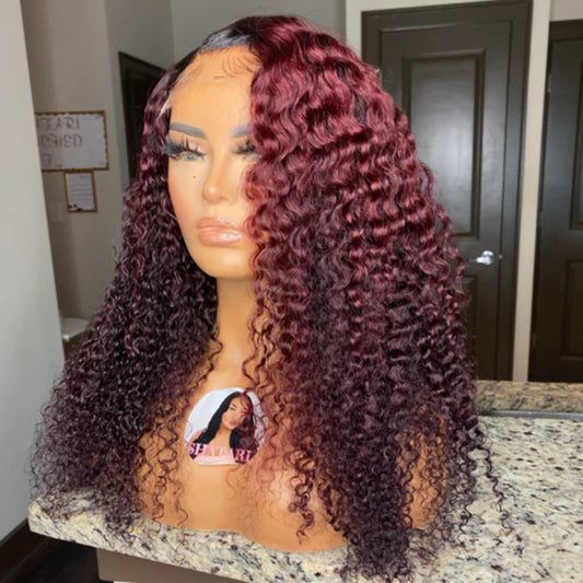 Custom Wig 13”x4” Red & Burgundy Ombre Kinky Curly Wig 200% Density