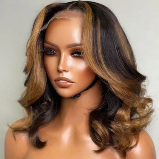 14 Inch Blonde Mix Black Loose Wave 5x5 Closure HD Lace Glueless Mid Part Short Wig