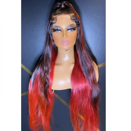 Custom Wig Ombre 1B/Red 28inch 5x5 Lace Long Straight Up-do Style Human Hair Wig 180% Density