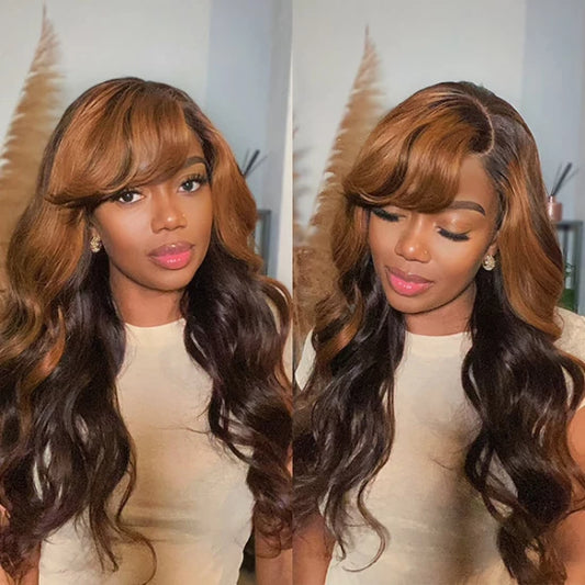 20 Inch Brown Mix Black Loose Wave 5x5 Closure C Part Glueless Wig with Bangs