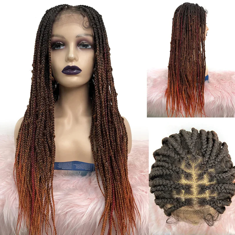 28 Inches Black to Red Ends Box Braids 4x4 Lace Closure Wigs 100% Hand-Braided