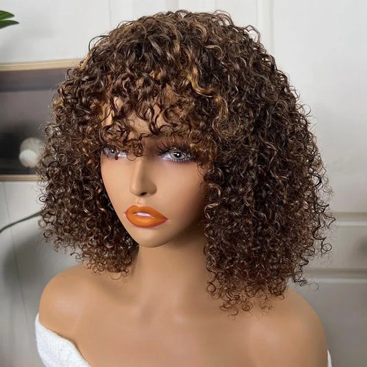 10 inch Natural Chestnut Brown Curly Shag Glueless BOB Wig