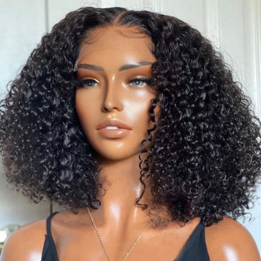 14-16 Inch 5"x5" HD Glueless Closure Wig Kinky Curly #1B 180% Density Brazilian Virgin Hair